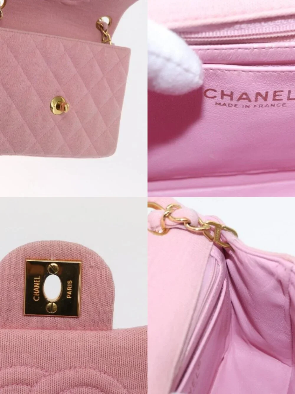 CHANEL Mini Matelasse 17 Chain Shoulder Bag Cotton Pink Gold CC Auth 159216